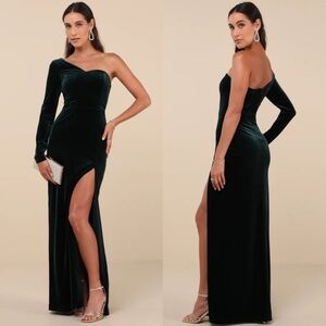 Lulus Mysterious Elegance Emerald Green Velvet One-Shoulder Maxi Dress XL Party